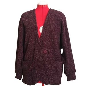 Burgundy Chunky Woven Jacket Women XL One Button 2 Large Pockets Shoulder Pads